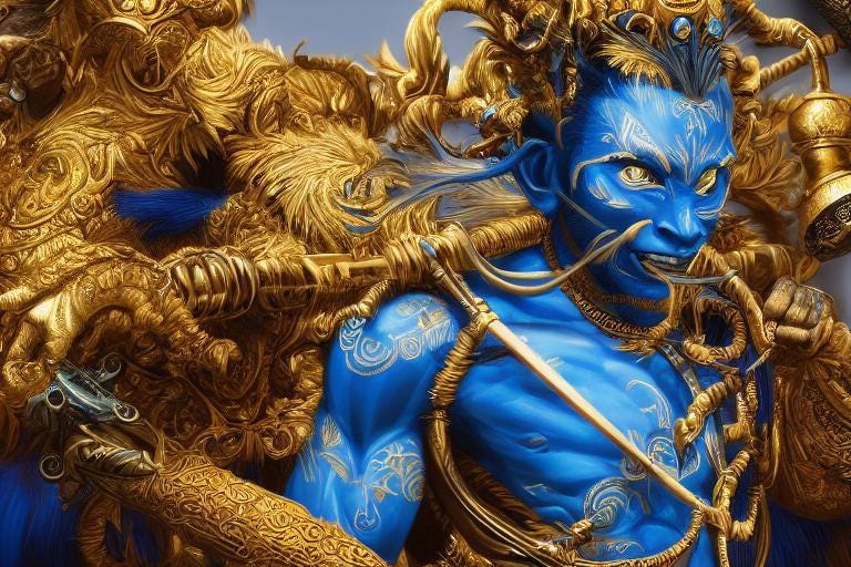AI-generated image of a blue-skinned warrior in ornate golden armor