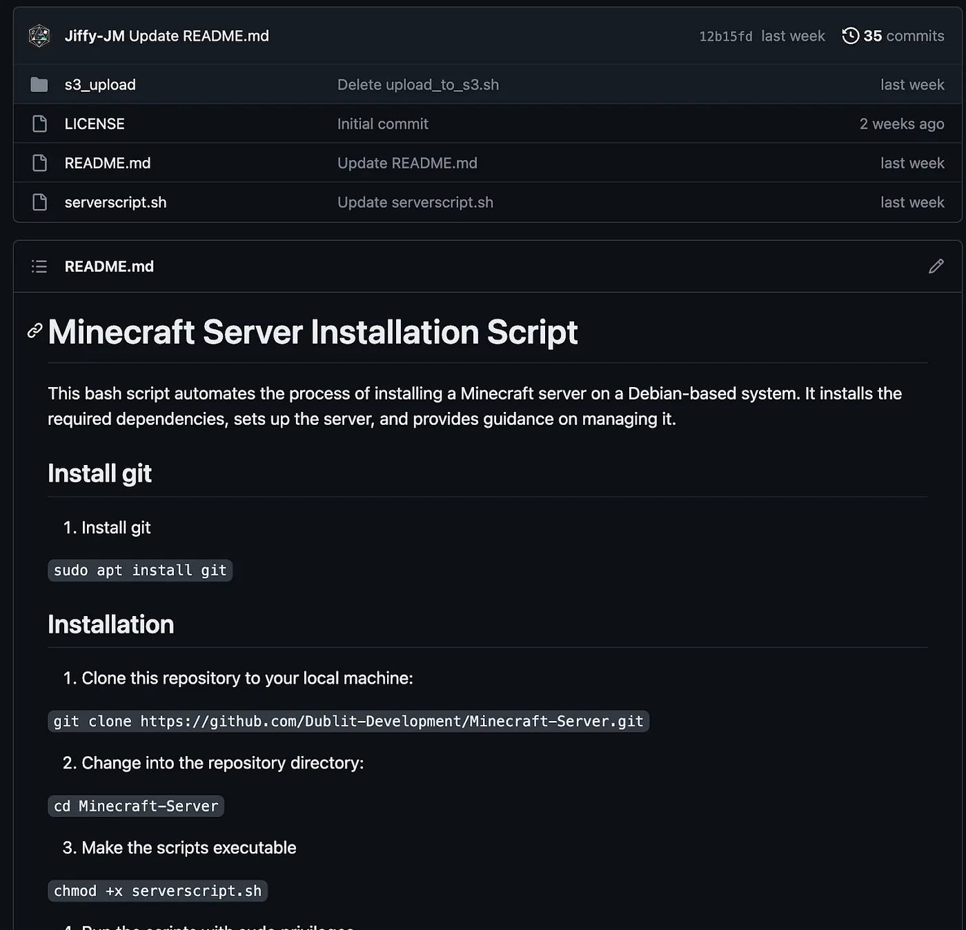 GitHub README for the Minecraft Server Installation Script, with steps to install git, clone the repository and run the script