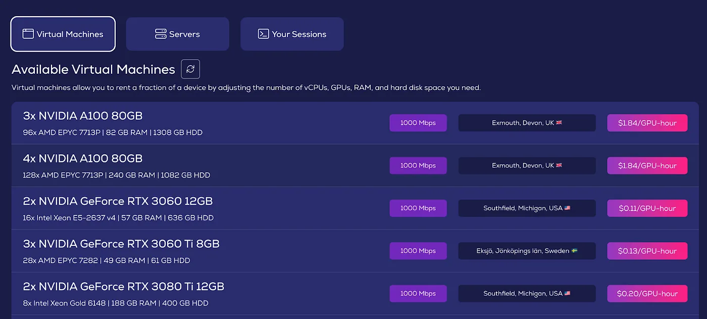 VALDI dashboard listing available virtual machines with NVIDIA A100 and GeForce RTX GPUs, their locations and hourly prices