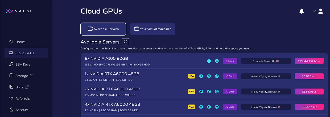 VALDI dashboard listing available servers, including new 1x, 2x and 4x NVIDIA RTX A6000 48GB configurations in Norway