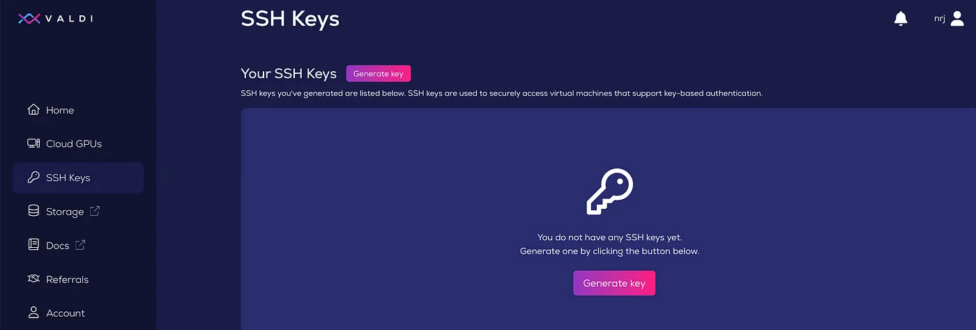 VALDI dashboard SSH Keys page with a Generate key button