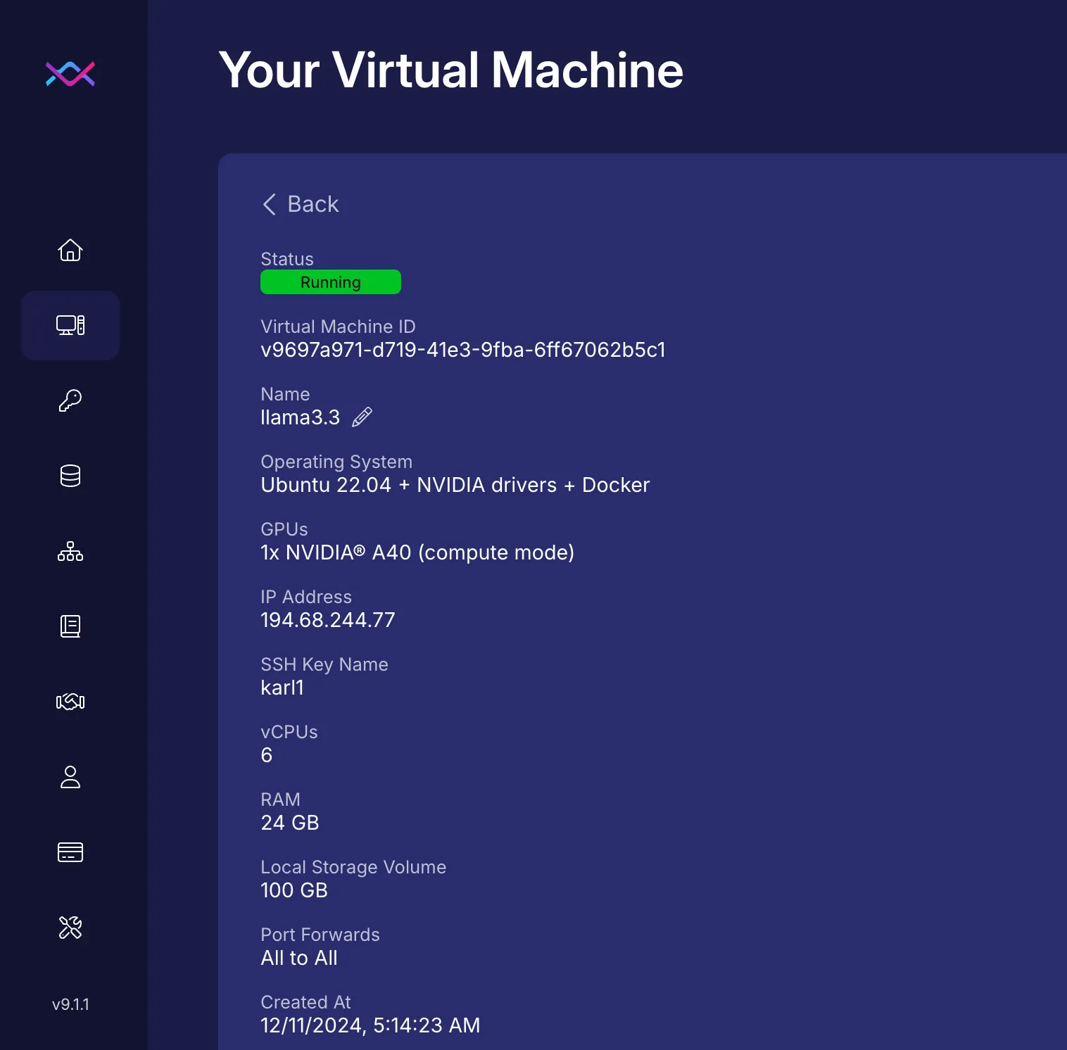 VALDI dashboard showing a running virtual machine named llama3.3 with one NVIDIA A40 GPU, 6 vCPUs, 24 GB RAM and Ubuntu 22.04 with Docker