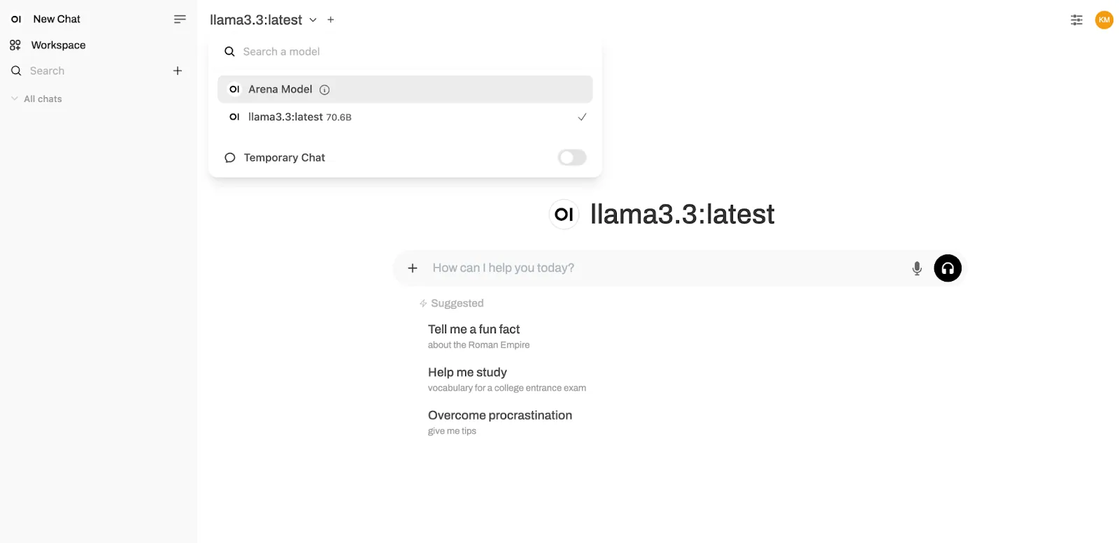 Open WebUI chat screen with the llama3.3:latest model selected