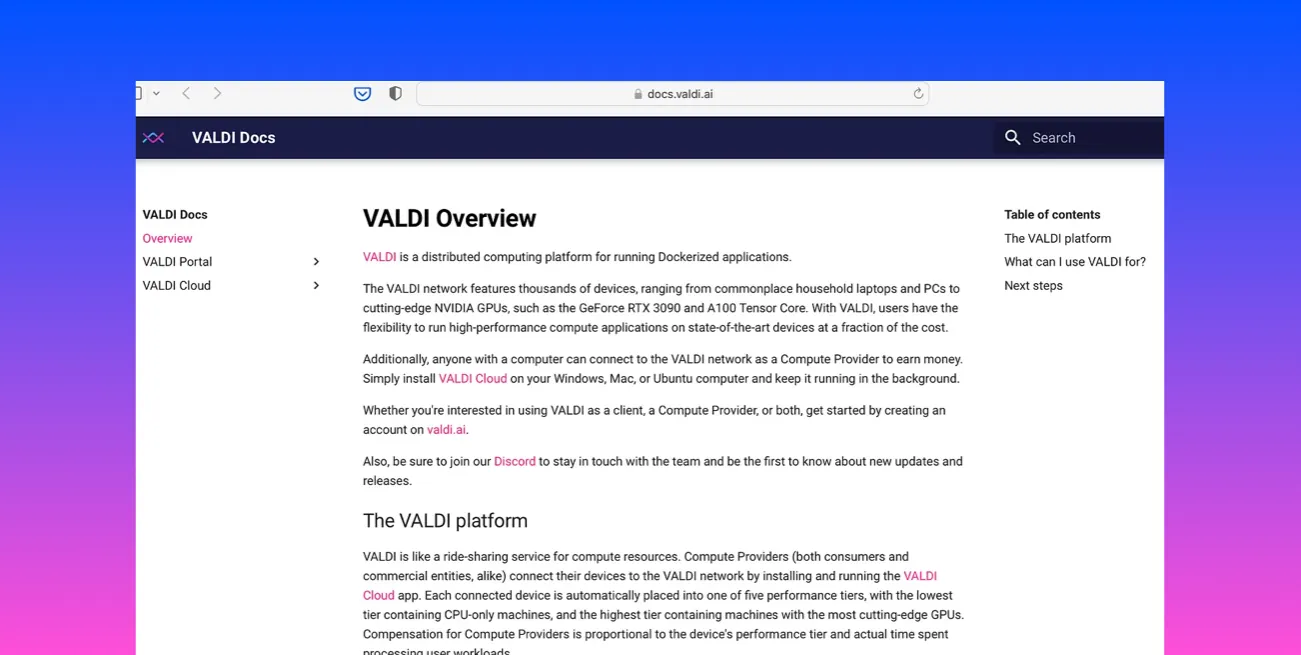 VALDI publishes official documentation for its distributed computing platform